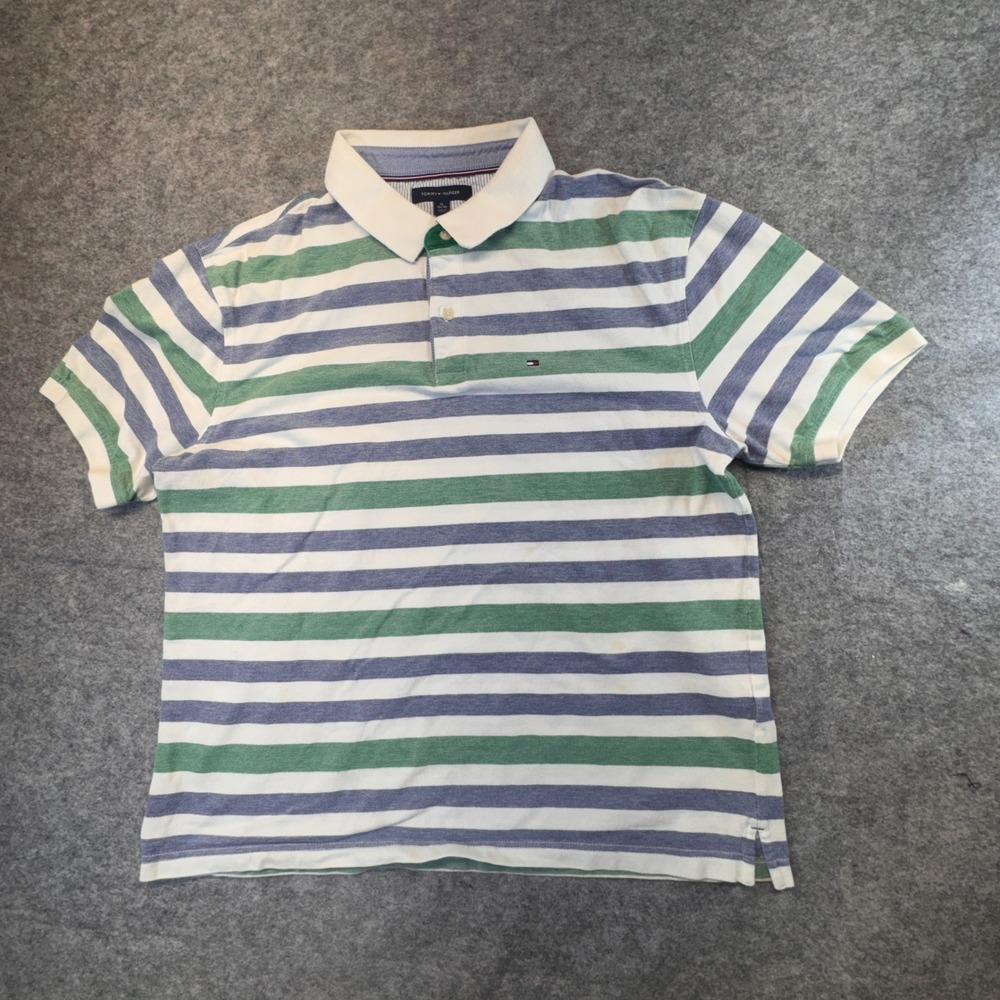 Tommy Hilfiger Mens Classic Fit Striped Polo Shirt XL Blue Green White Cotton